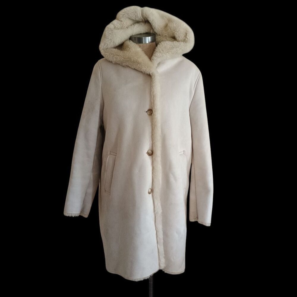Uniqlo Faux Suede Shearling Fur Hooded Winter Coat Women's Sz M Beige Taupe